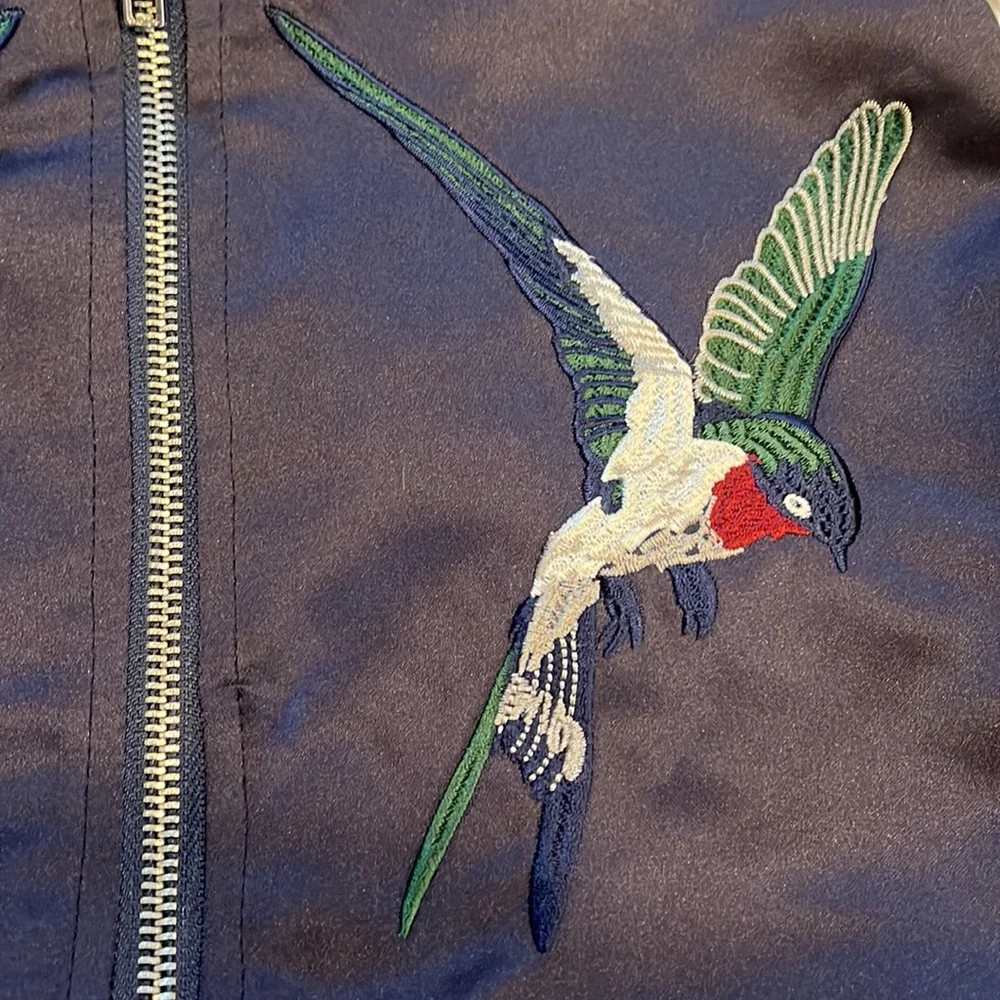 ESCALIER SATIN BOMBER JACKET WITH BIRD DETAIL NAVY BLUE WHITE SIZE SMALL
